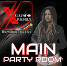 a poster for the main party room shows a woman in a hoodie