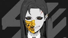 a black and white drawing of a woman with a gold mask on half of her face