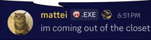 a screenshot of a chat between mattei and exe