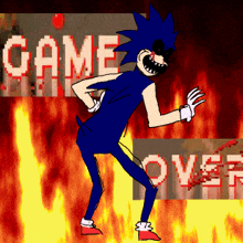 a cartoon drawing of sonic the hedgehog standing in front of a game over sign