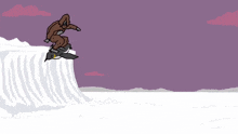 a cartoon drawing of a bigfoot snowboarding in the snow