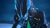 a computer generated image of a robot with a green sticker on it