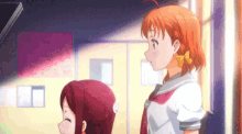 two anime girls are standing next to each other in a room and looking at each other .