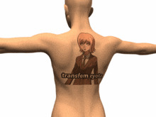 a person has a tattoo of a girl on their back that says transfem ryota