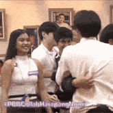 a group of people are gathered in a room with #pbb collab harapangnomi written in the corner