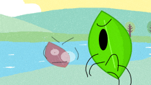 a cartoon drawing of a green leaf and a red leaf