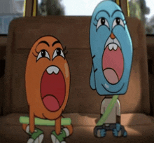 a couple of cartoon characters sitting in a car with their mouths open
