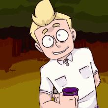 a cartoon drawing of a man holding a purple cup with the number 13 on his pants