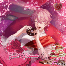 a picture of a man eating a donut with the words good afternoon love written on the bottom