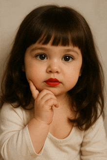 a little girl with red lipstick on her lips has her hand on her chin