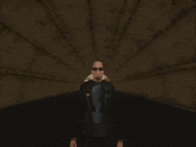 a man with sunglasses and a mustache is standing in a dark room