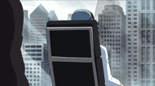 a cartoon drawing of a man sitting in a chair with a city in the background
