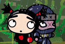 a couple of cartoon characters standing next to each other with one wearing a mask with the letter x on it