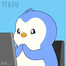 a cartoon of a penguin sitting in front of a computer with the word pengu in the corner