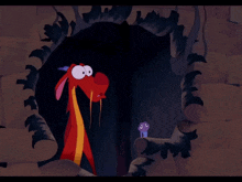 a cartoon of a dragon and a bug standing in a cave