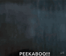 a close up of a man 's face with the words peekaboo written on the bottom