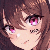 a close up of a anime girl with usa written on her cheek