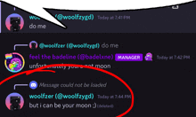 a screenshot of a discord conversation between woolfzer and do me