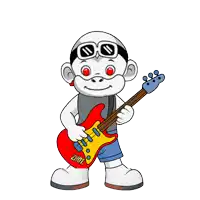 a cartoon monkey is holding a red guitar that says zhot on it