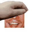 a pixel art of a man 's face with a hand covering his mouth .