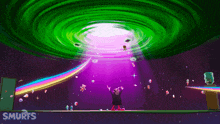 a smurf is standing in front of a green and purple swirl