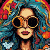 a painting of a woman wearing sunglasses and blue hair .