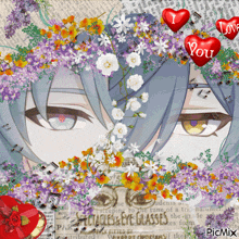a picture of a boy surrounded by flowers with a heart that says i love you on it
