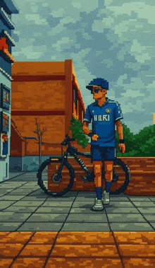 a pixel art illustration of a man walking with a bike and a shirt that says ' hiku ' on it