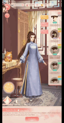 a woman in a blue dress is standing in front of a cat in a room