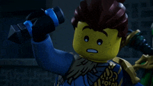 a close up of a lego figure with a sticker that says ' 0101 ' on it