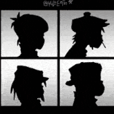four silhouettes of gorillaz are displayed on a black and white background