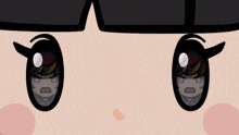 a close up of a cartoon character 's eyes with purple eyes