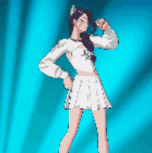 a pixel art of a woman in a white top and skirt