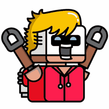 a cartoon drawing of a man holding a pair of wrenches