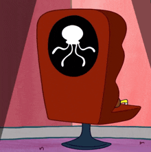 a cartoon character sits in a chair with an octopus on the back