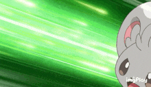 a cartoon rabbit is standing in front of a green background and looking at the camera .