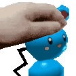 a hand is touching a blue toy with a lightning bolt on it 's head