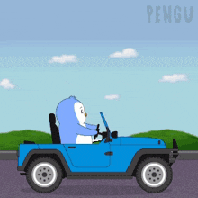 a cartoon penguin is driving a blue jeep with the word pengu on the bottom