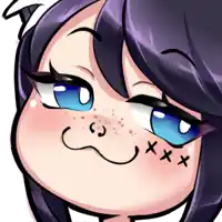 a drawing of a girl with purple hair and blue eyes with a smiley face