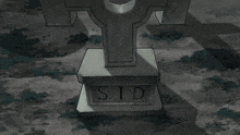 a couple of anime characters standing next to a cross