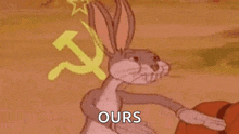 bugs bunny is holding a hammer and sickle in front of a hammer and sickle .