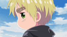 a little boy with blonde hair and green eyes is wearing a black jacket