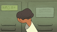 a cartoon character is holding a rock in front of a sign that says med3m