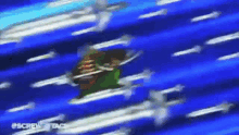 a cartoon character is flying through a blue sky with arrows coming out of it .