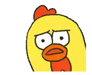 a cartoon chicken with a big orange beak is making a sad face .