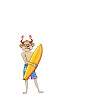 a cartoon of a monkey holding a surfboard with flames on his horns