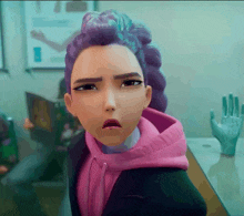 a girl with purple hair and a pink hoodie looks shocked