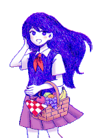 a girl with purple hair is holding a basket of fruit