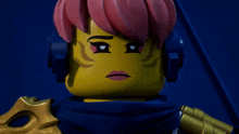 a close up of a lego figure with pink hair and headphones