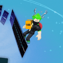 a cartoon character with green hair and antlers is holding a yellow box with the number 100 on it